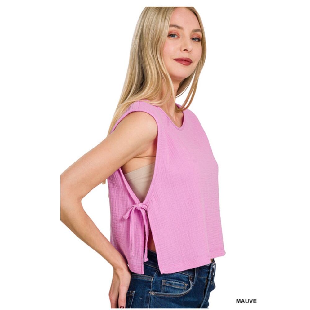 Zenana - Double Gauze Side Tie Sleeveless Top - Large